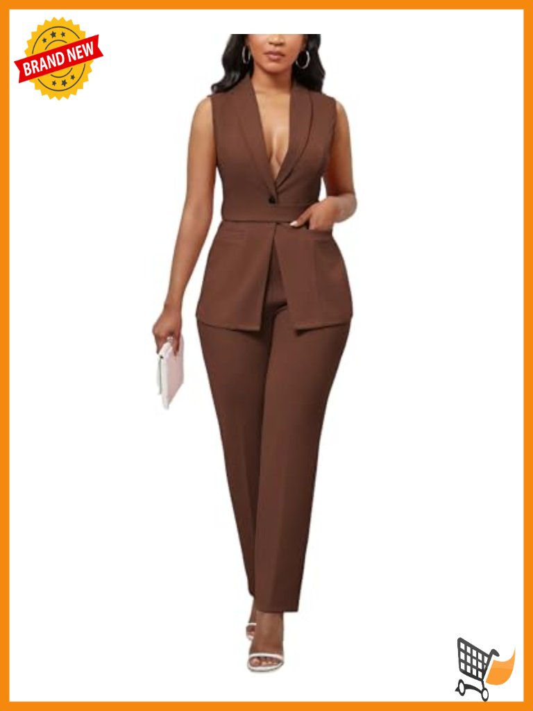 2 Piece Belted Sleeveless Vest Blazer Pantsuit Set Business Casual Office